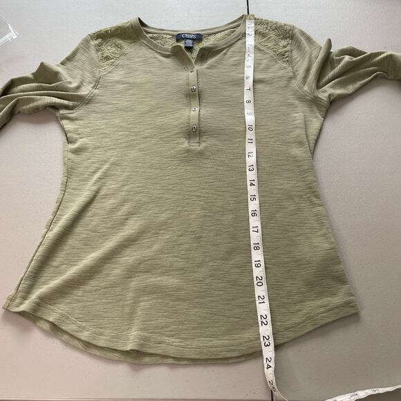 Chaps Henley Long Sleeve Top 1/2 Button Up Lace Shoulder Detail Heather Green M - Picture 9 of 10